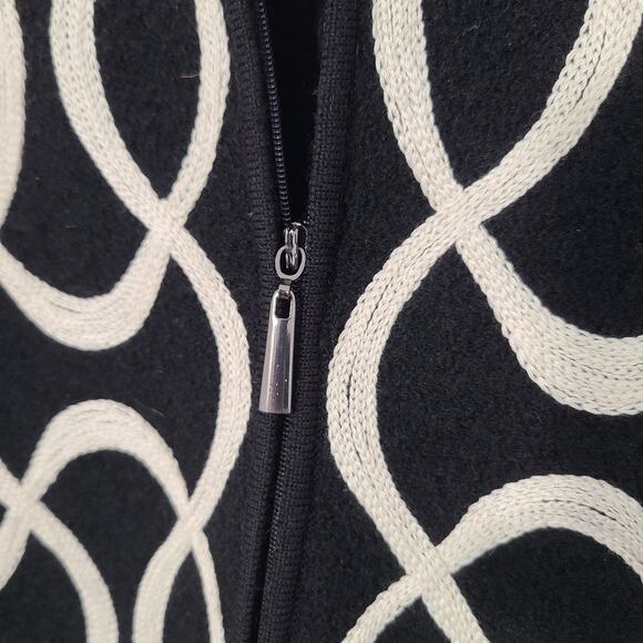 Talbots Black Wool Full Zip Sweater Cardigan Cream Geometric Embroidery LP - Picture 8 of 11